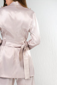 Powder pink satin silk structured blazer with waist tie