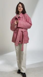 Red and White Herringbone Pattern Round Collar Belted Short Coat - Custom Made - Bastet Noir