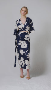 White and blue flower print cotton maxi dress with wrap around bodice and pencil skirt with ties