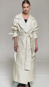 Cream White Woven Satin Silk Trench Coat - Custom Made - Bastet Noir