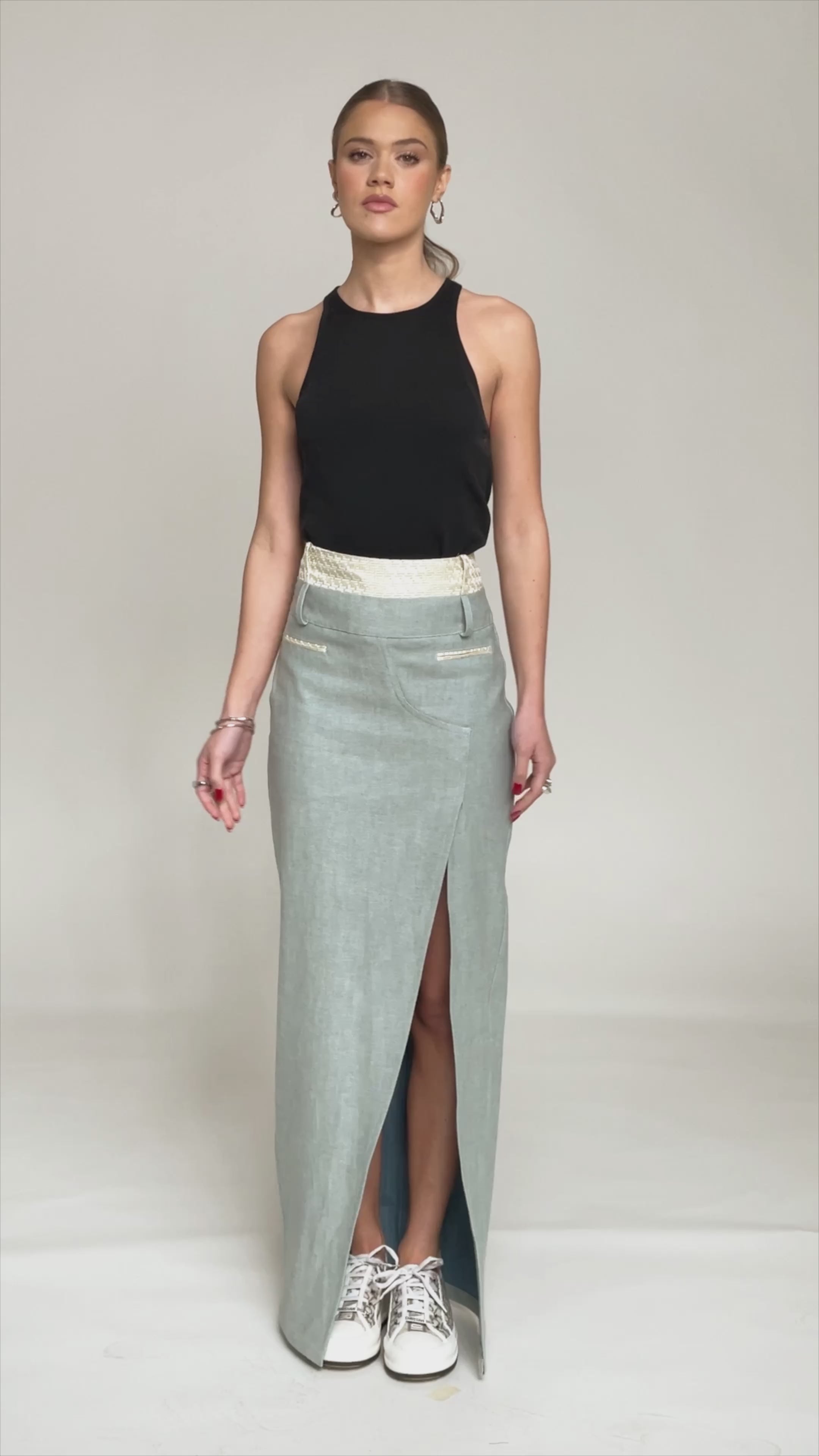 Light Blue Denim Front Slit Maxi Skirt - Custom Made - Bastet Noir