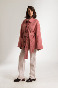 Red and White Herringbone Pattern Round Collar Belted Short Coat - Custom Made - Bastet Noir