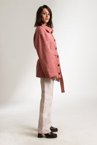 Red and White Herringbone Pattern Round Collar Belted Short Coat - Custom Made - Bastet Noir