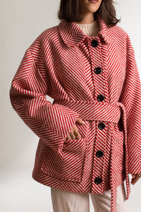 Red and White Herringbone Pattern Round Collar Belted Short Coat - Custom Made - Bastet Noir