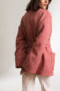 Red and White Herringbone Pattern Round Collar Belted Short Coat - Custom Made - Bastet Noir