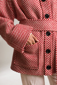 Red and White Herringbone Pattern Round Collar Belted Short Coat - Custom Made - Bastet Noir