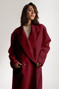 Oxblood Red Long Wool Double Breasted Car Coat - Custom Made - Bastet Noir