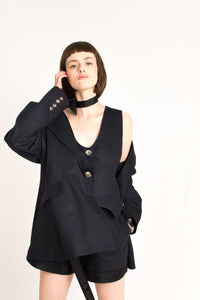 navy blue striped suit set shorts vest blazer bastet noir
