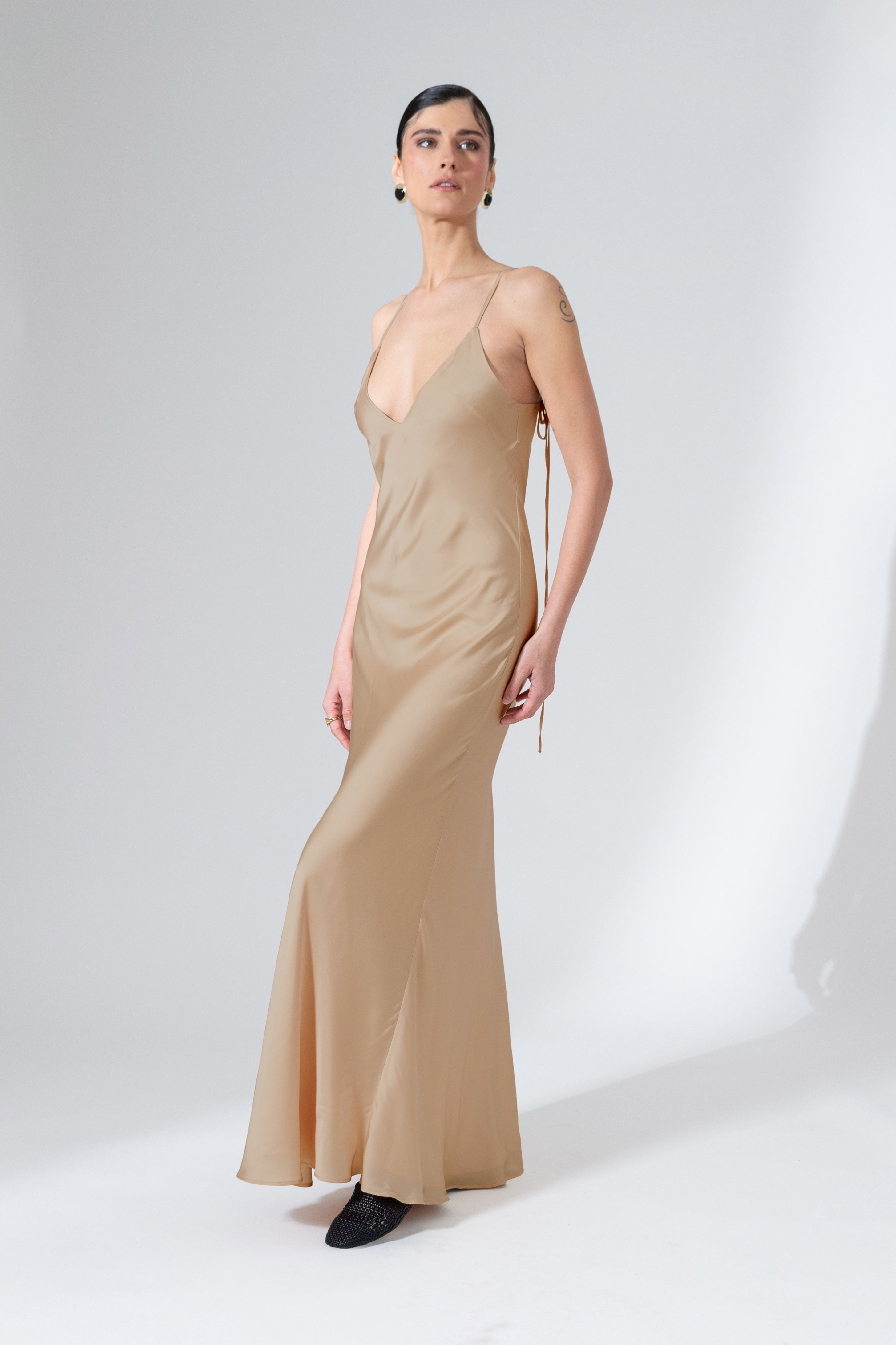Cappuccino Cream Satin Silk Evening Slip Dress With Bias Cut And Adjustable Straps - Custom Made - Bastet Noir