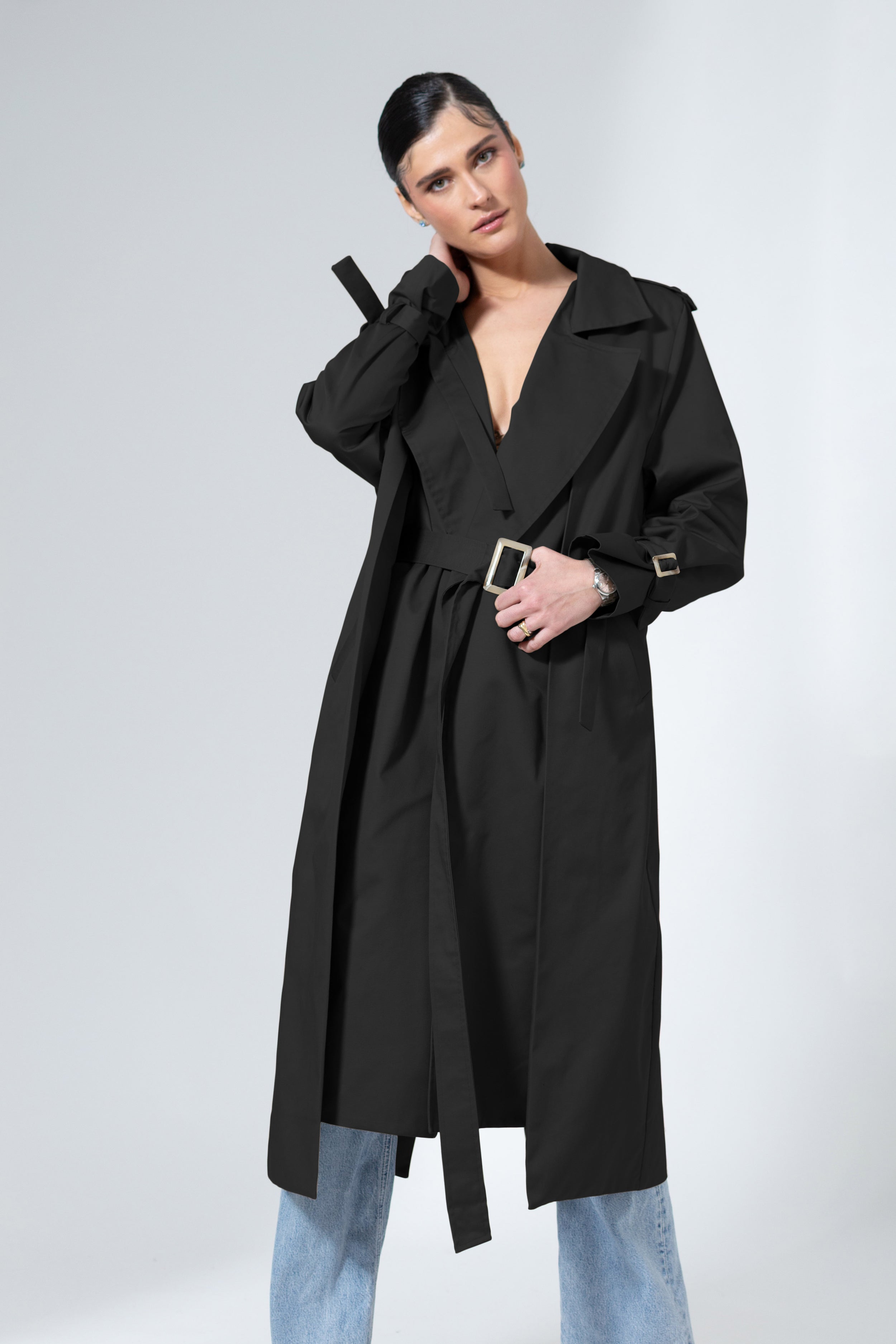 Black Belted Cotton Trench Coat Mid-Length Outerwear - Custom Made - Bastet Noir