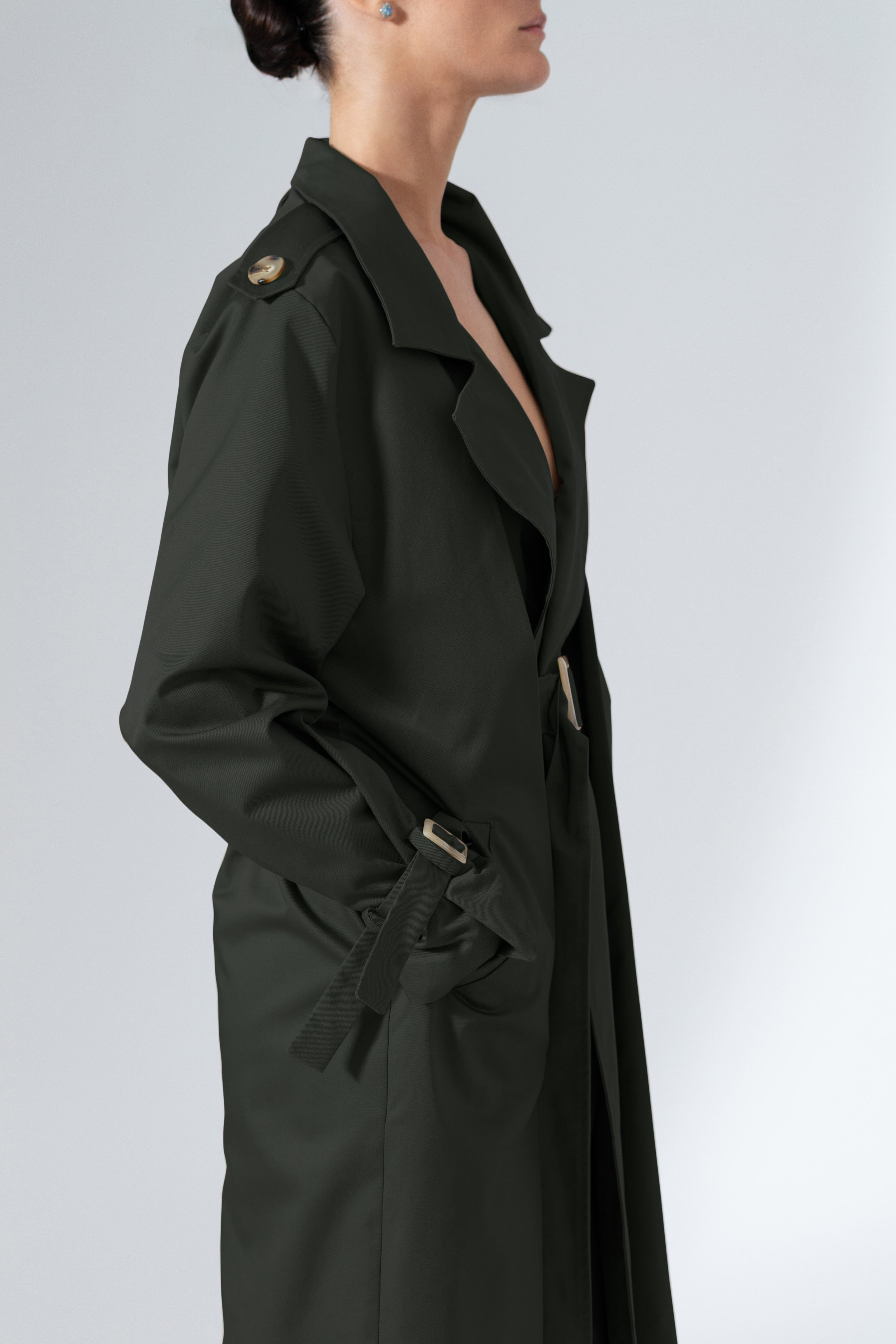 Olive Green Belted Cotton Trench Coat Mid-Length Outerwear - Custom Made - Bastet Noir