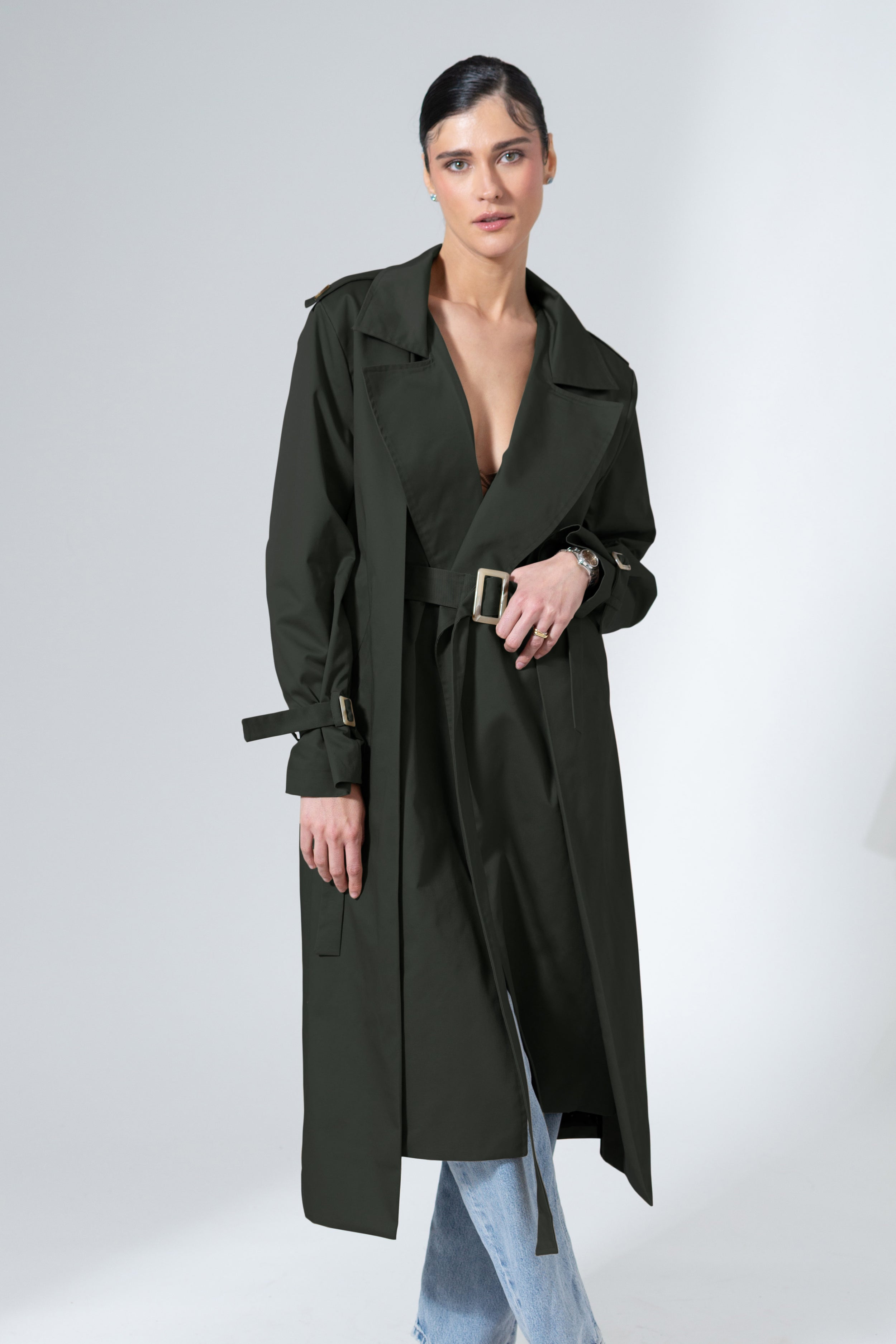 Olive Green Belted Cotton Trench Coat Mid-Length Outerwear - Custom Made - Bastet Noir