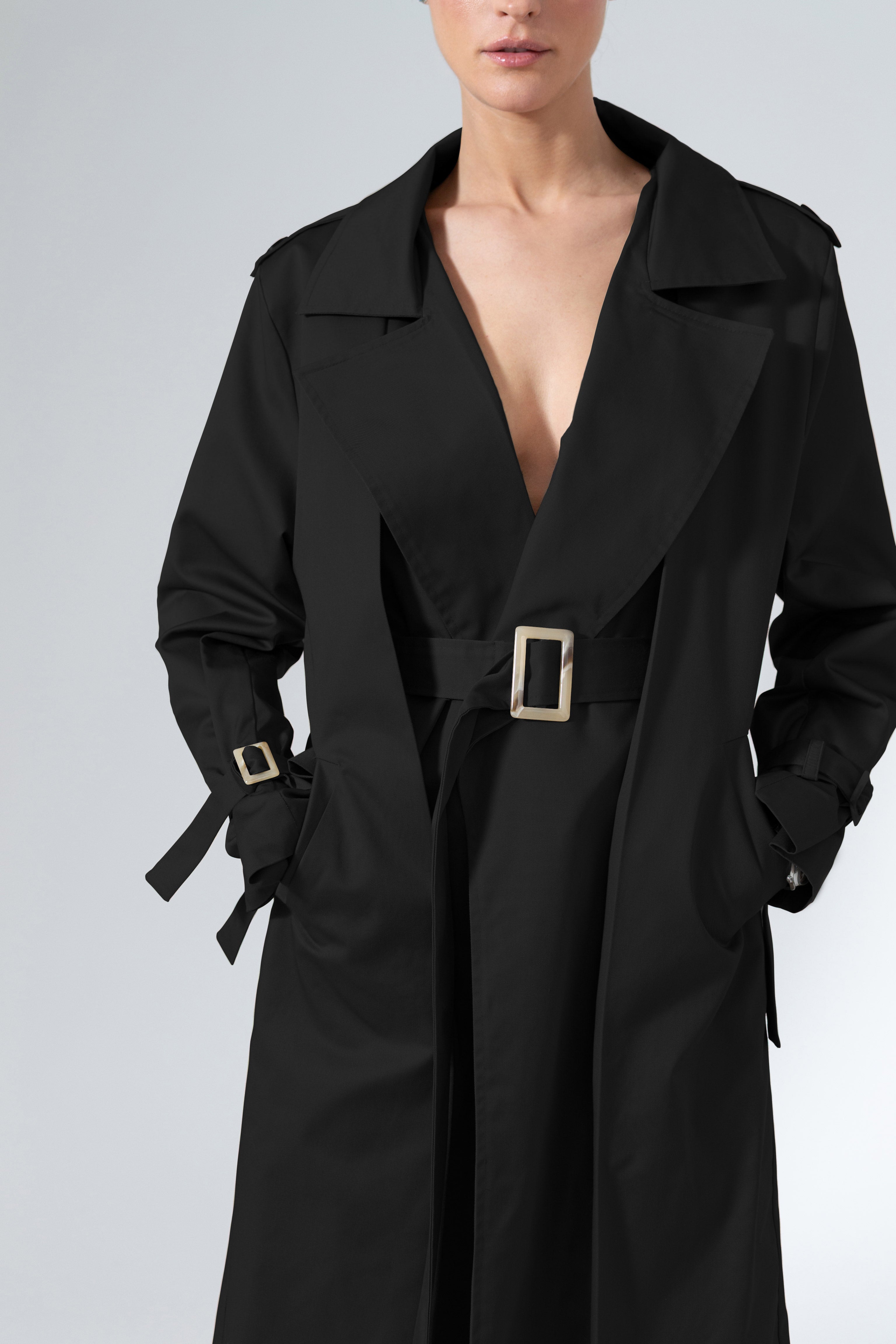 Black Belted Cotton Trench Coat Mid-Length Outerwear - Custom Made - Bastet Noir