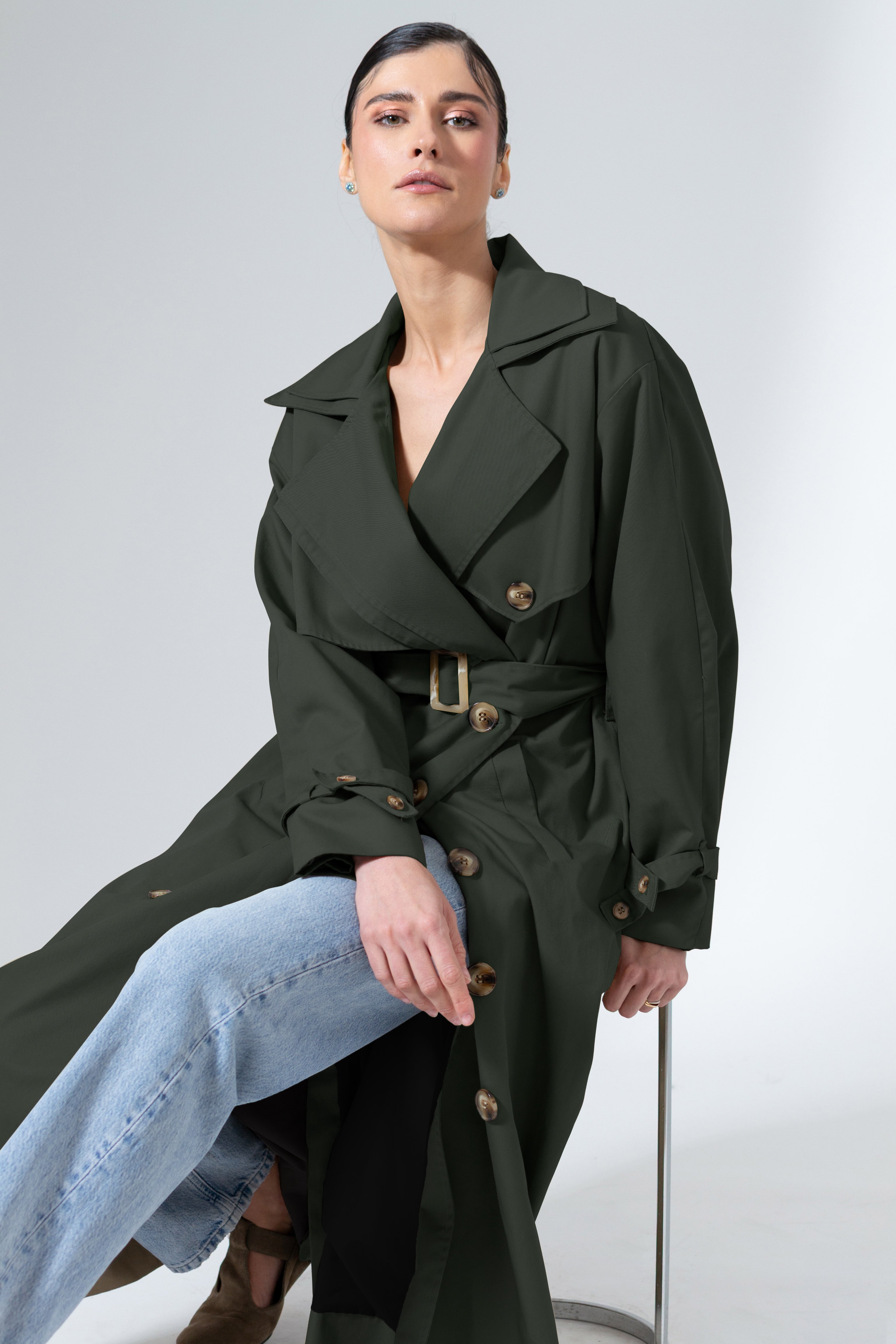 Olive Green Ankle-Length Belted Everyday Cotton Trench Coat - Custom Made - Bastet Noir