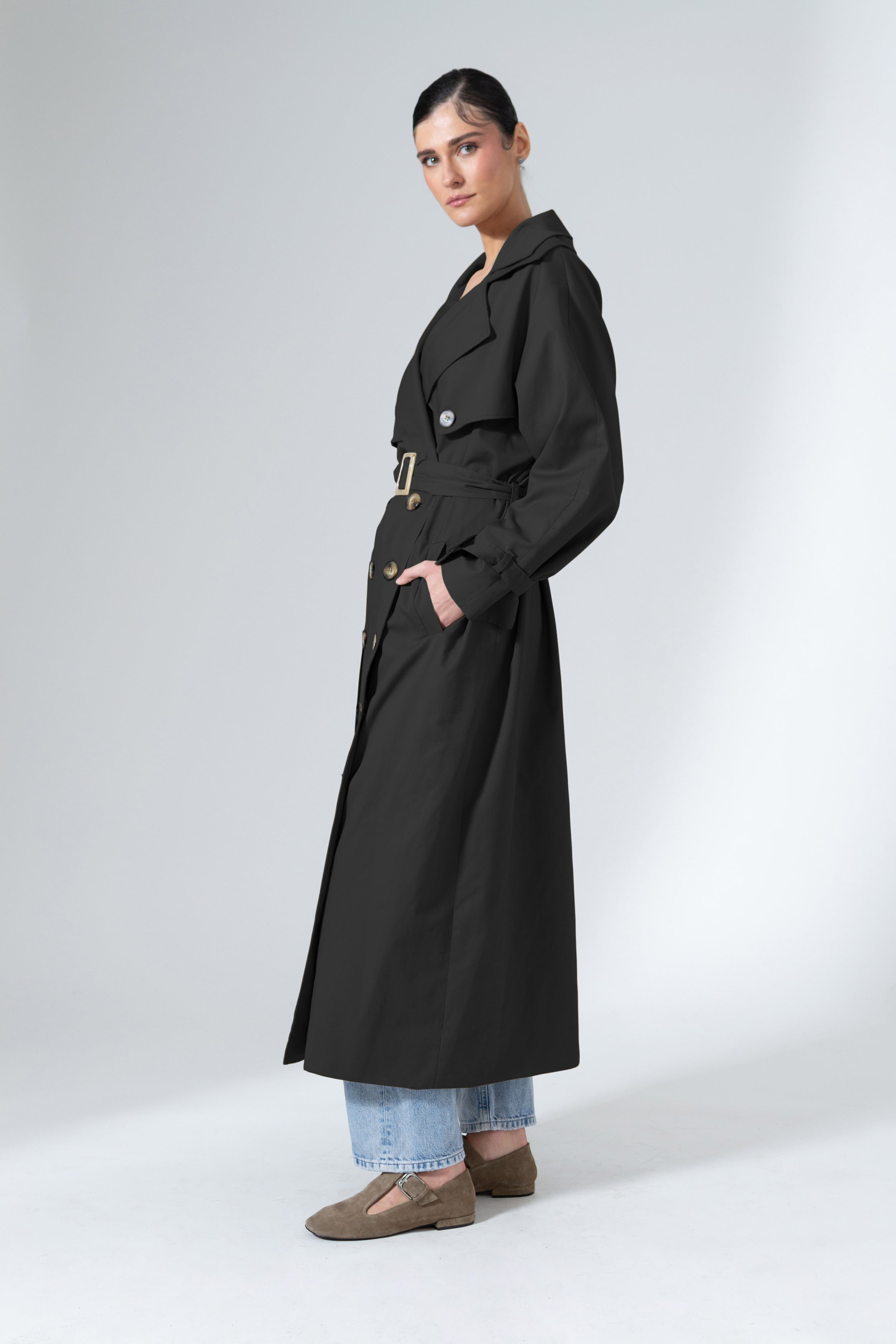 Black Ankle-Length Belted Everyday Cotton Trench Coat - Custom Made - Bastet Noi