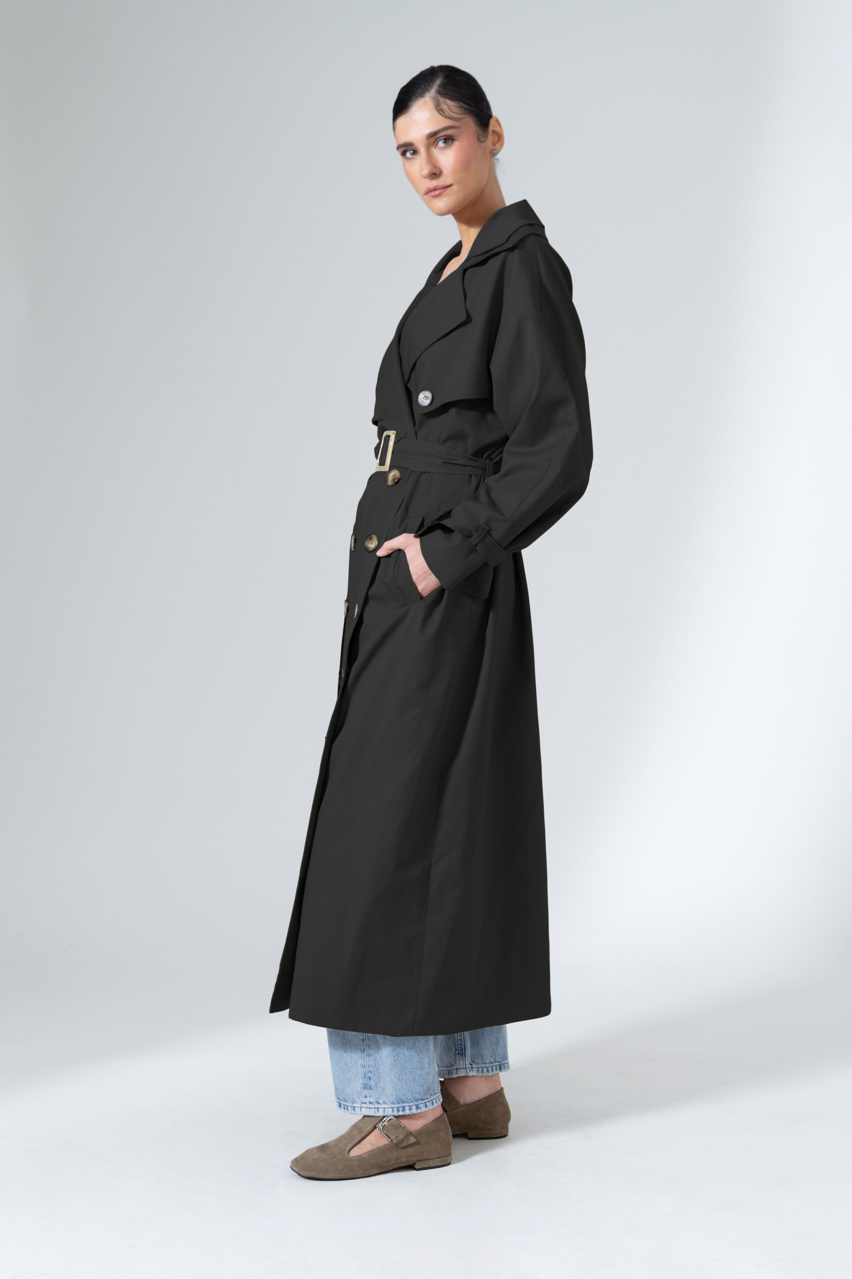 Black Ankle-Length Belted Everyday Cotton Trench Coat - Custom Made - Bastet Noi