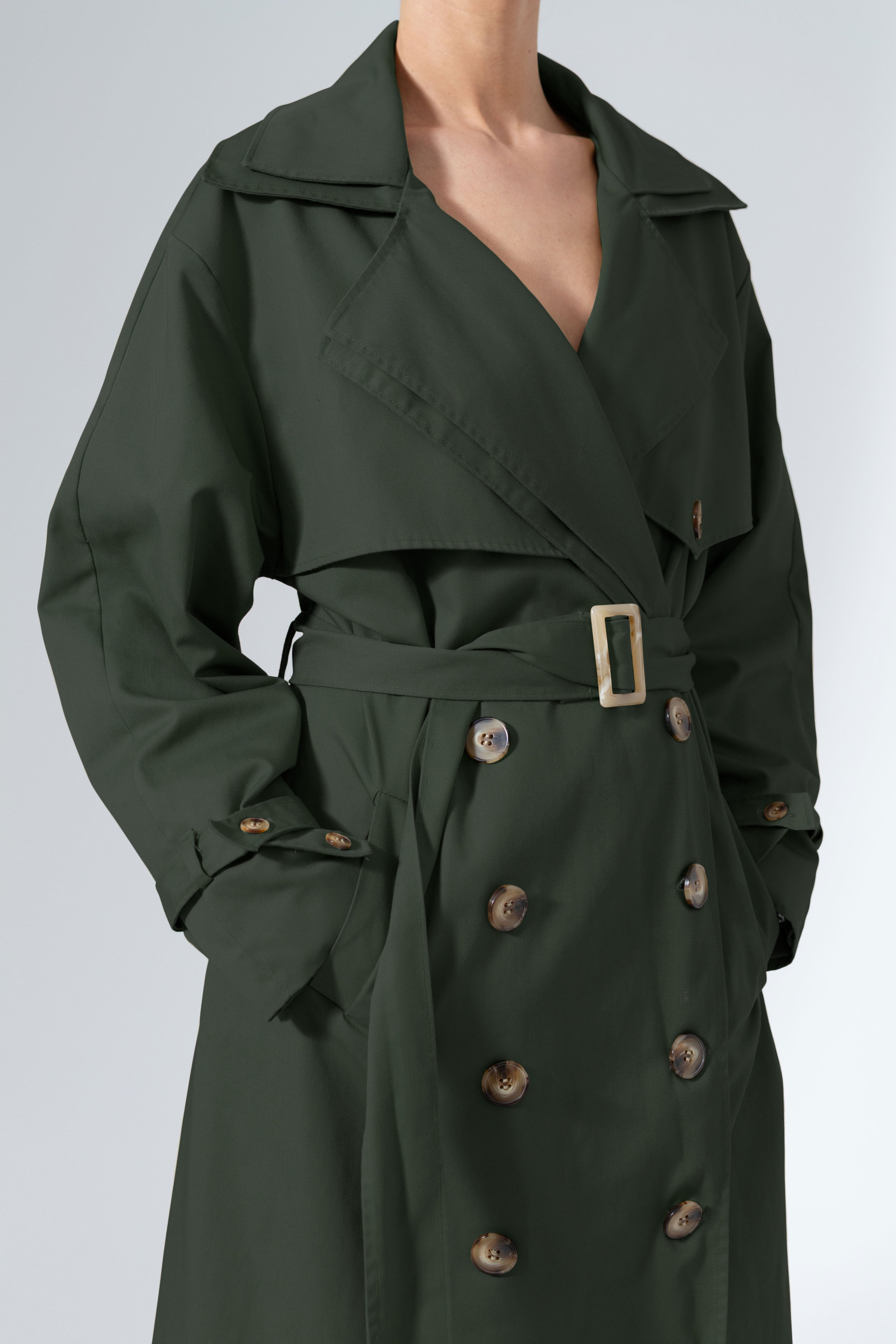 Olive Green Ankle-Length Belted Everyday Cotton Trench Coat - Custom Made - Bastet Noi