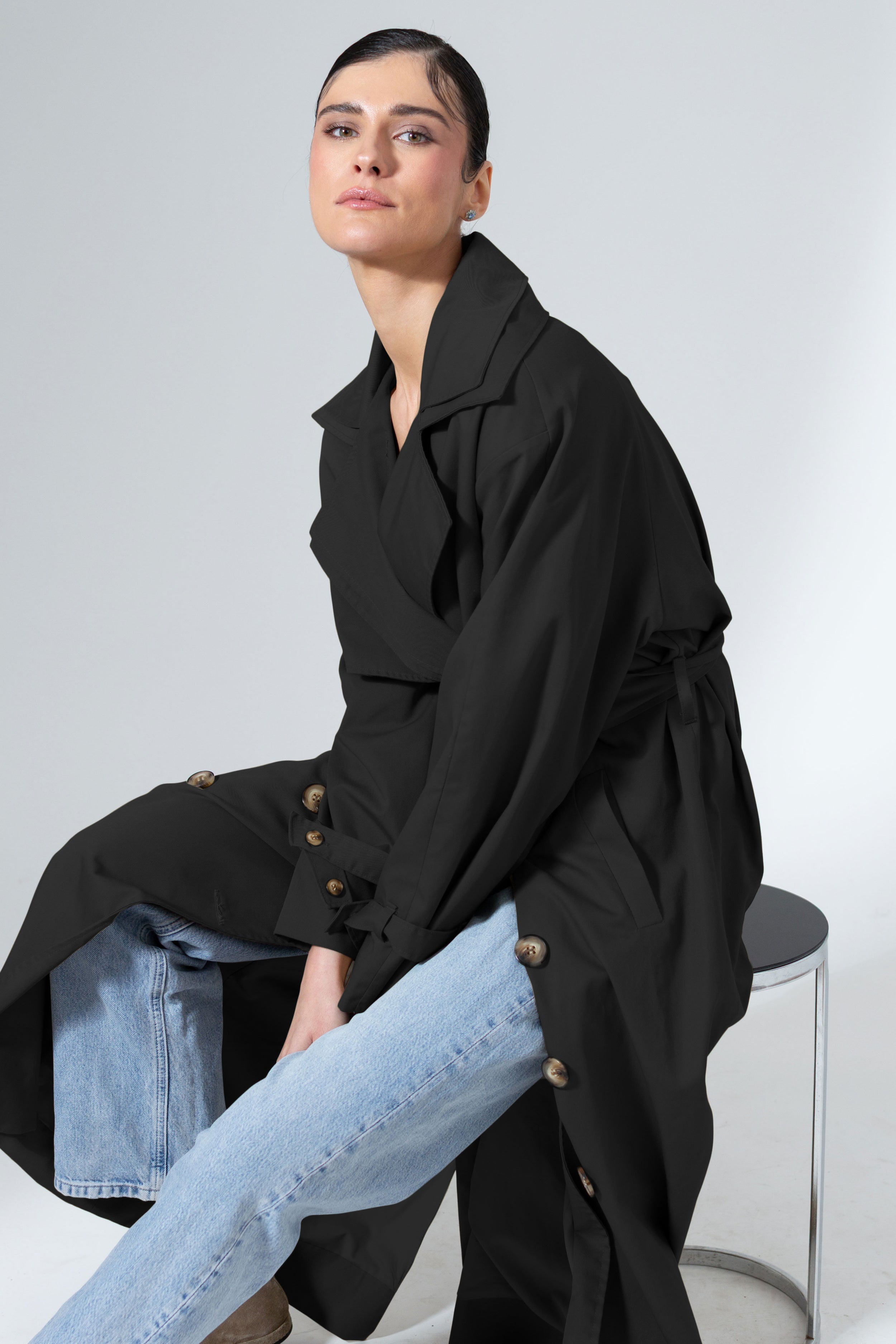 Black Ankle-Length Belted Everyday Cotton Trench Coat - Custom Made - Bastet Noi