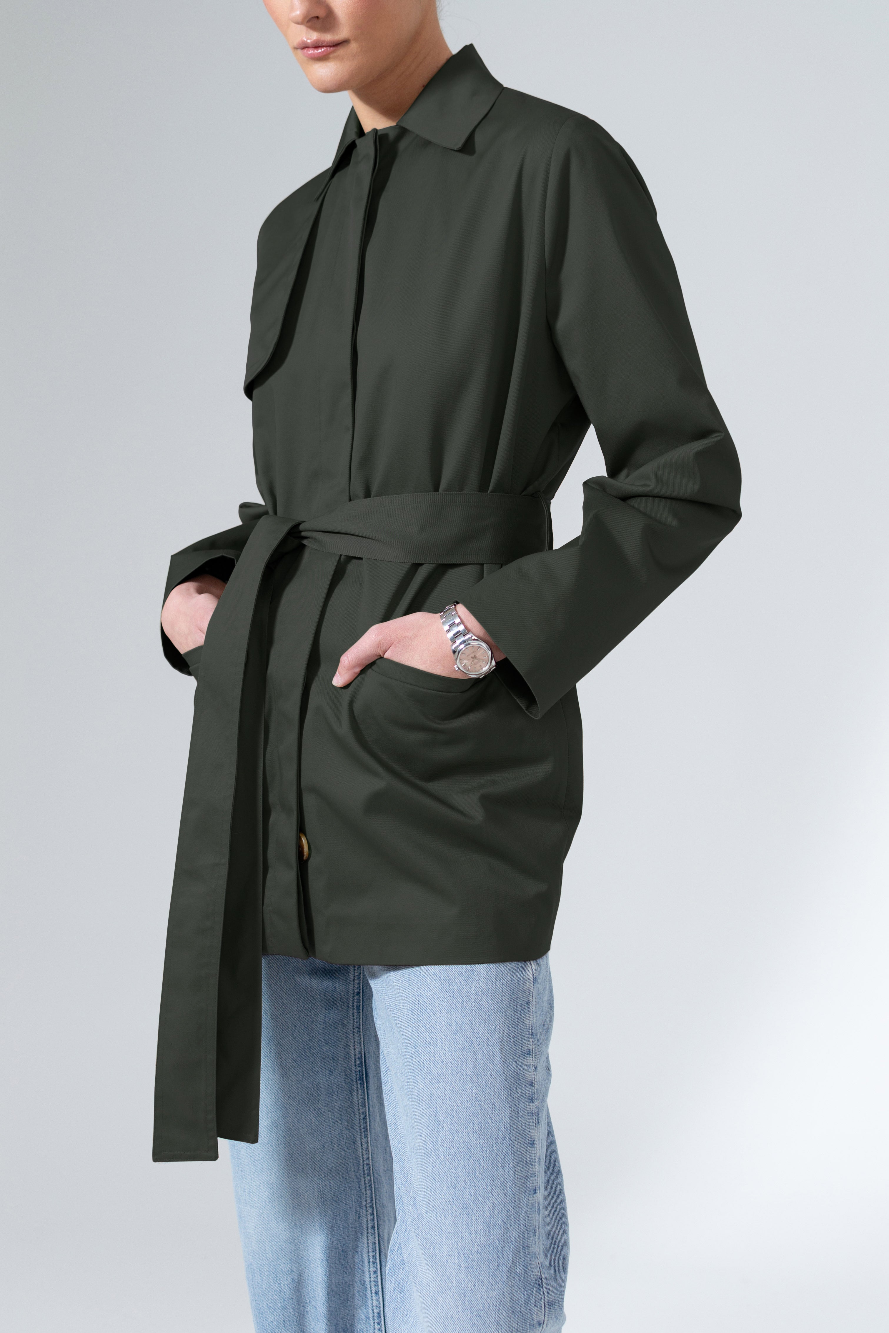 Short Olive Green Belted Trench Coat Lightweight Cotton Outerwear - Custom Made - Bastet Noir