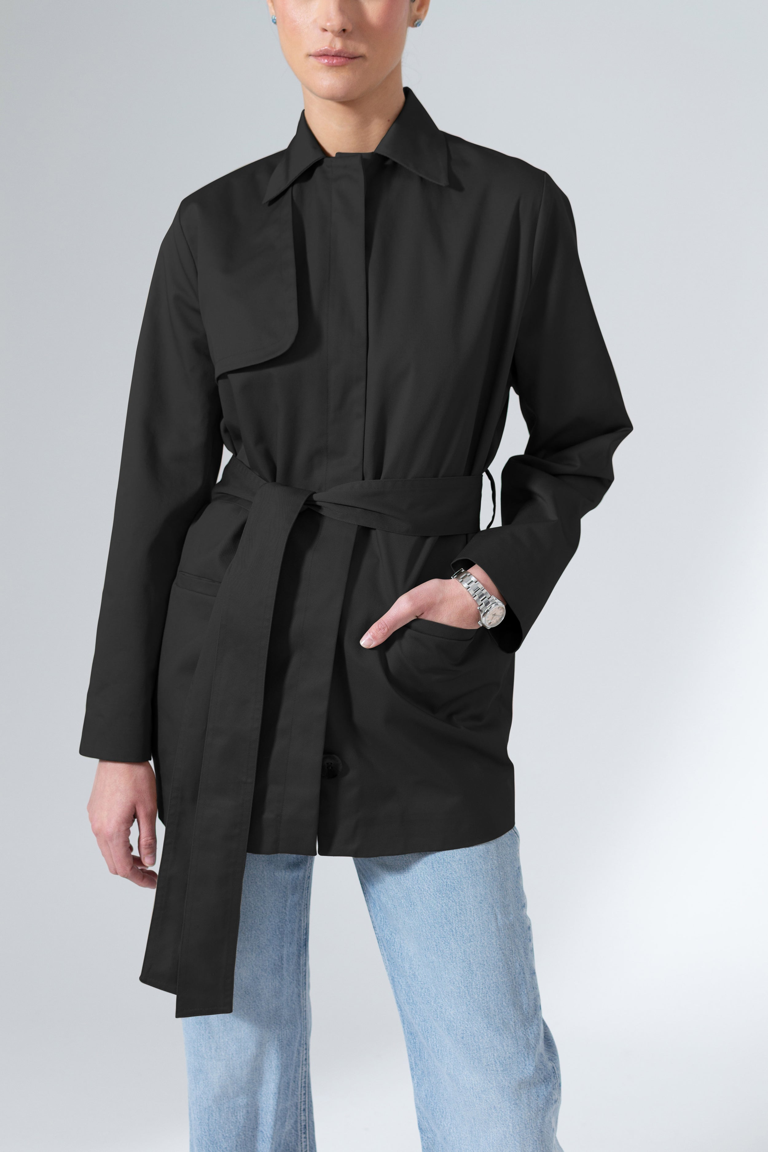 Short Black Belted Trench Coat Lightweight Cotton Outerwear - Custom Made - Bastet Noir