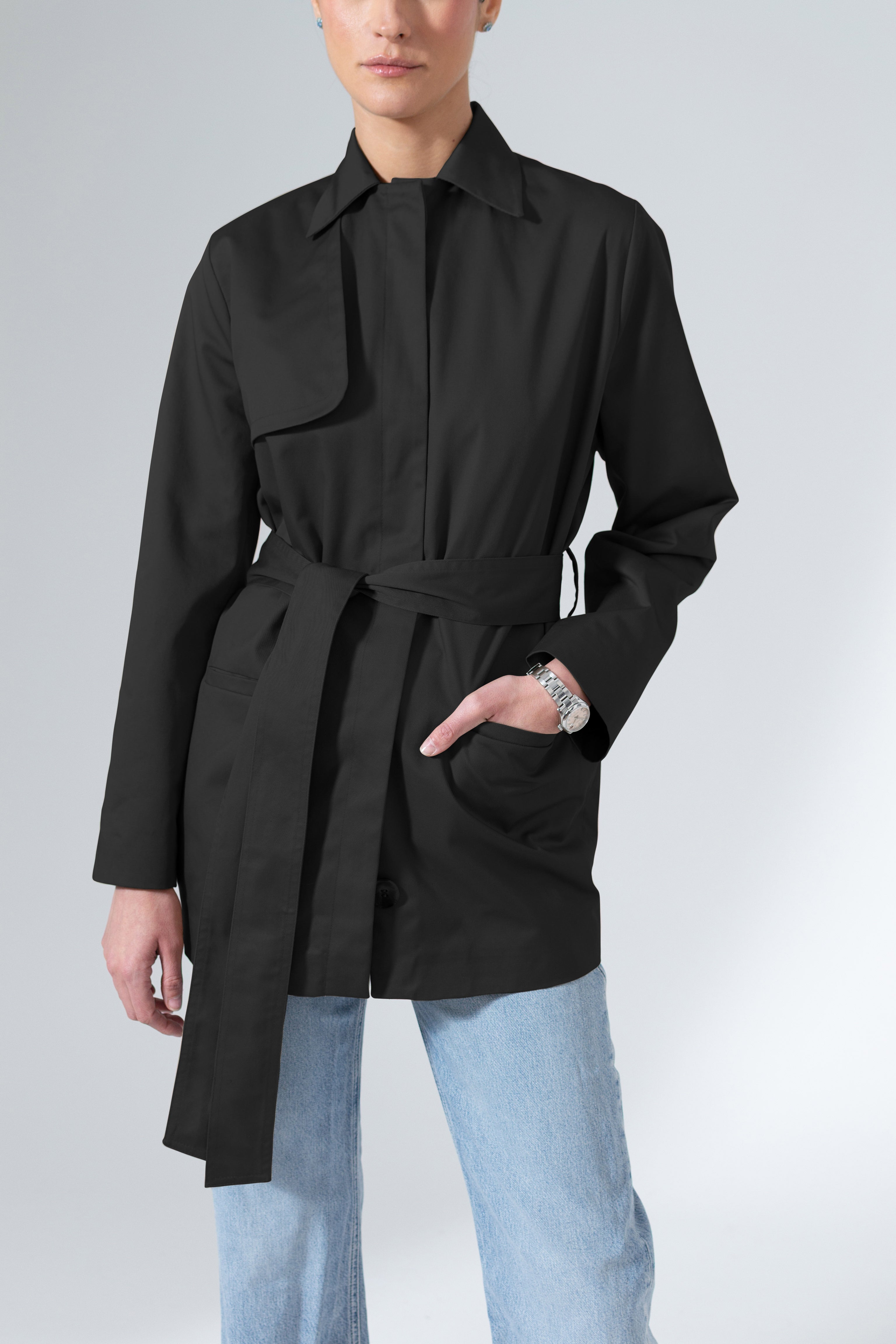Short Black Belted Trench Coat Lightweight Cotton Outerwear - Custom Made - Bastet Noir