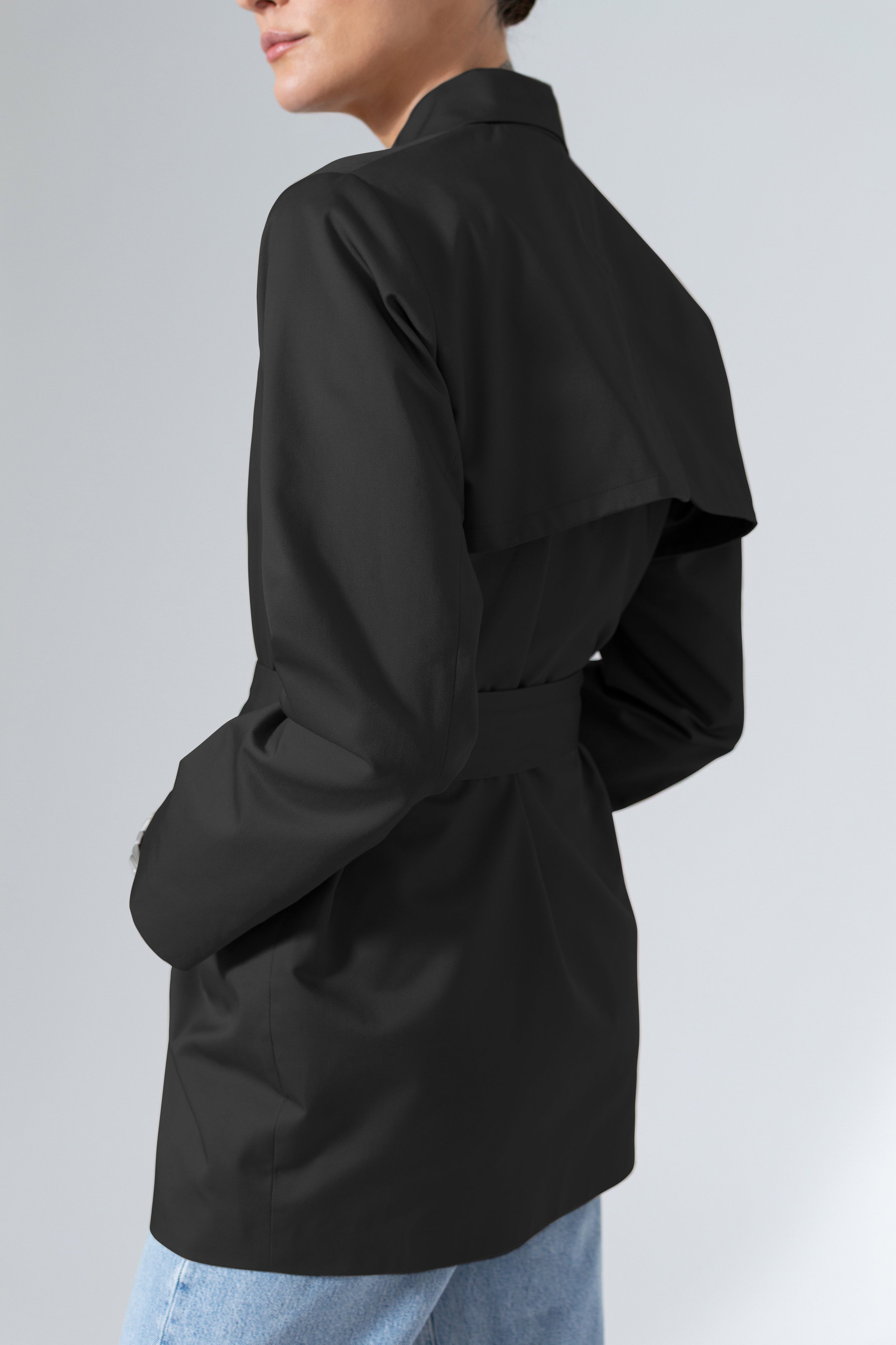 Short Black Belted Trench Coat Lightweight Cotton Outerwear - Custom Made - Bastet Noir