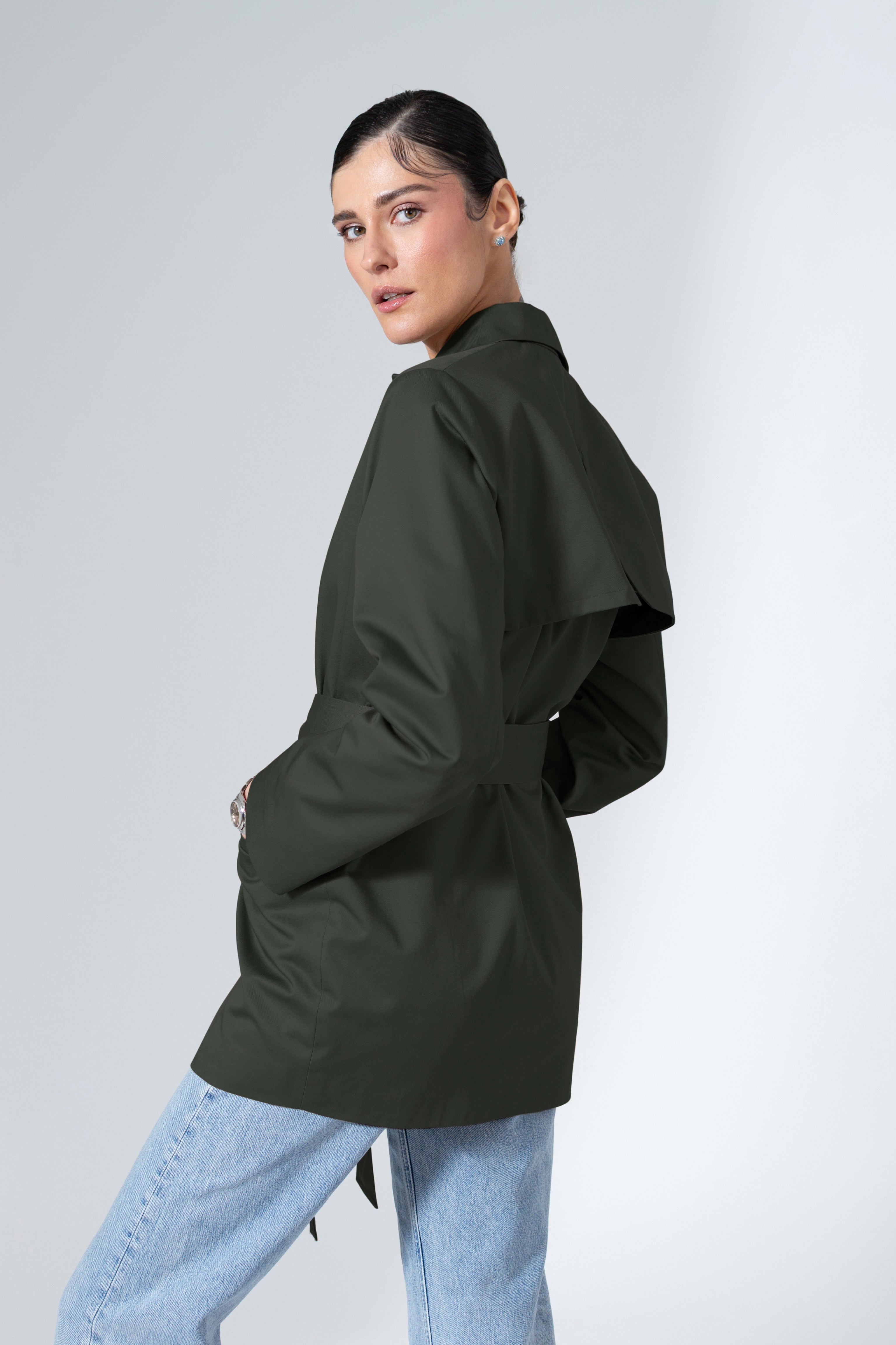 Short Olive Green Belted Trench Coat Lightweight Cotton Outerwear - Custom Made - Bastet Noir