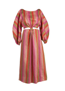 Pink striped linen maxi dress with waist cut out details and puffy sleeves