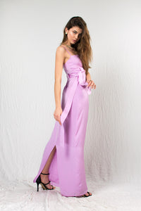 Lavender silk satin thin strap tight bodice loose skirt maxi dress with belt loops and tie