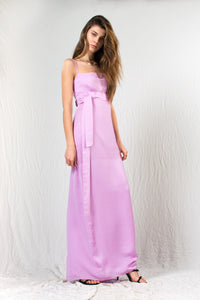 Lavender silk satin thin strap tight bodice loose skirt maxi dress with belt loops and tie