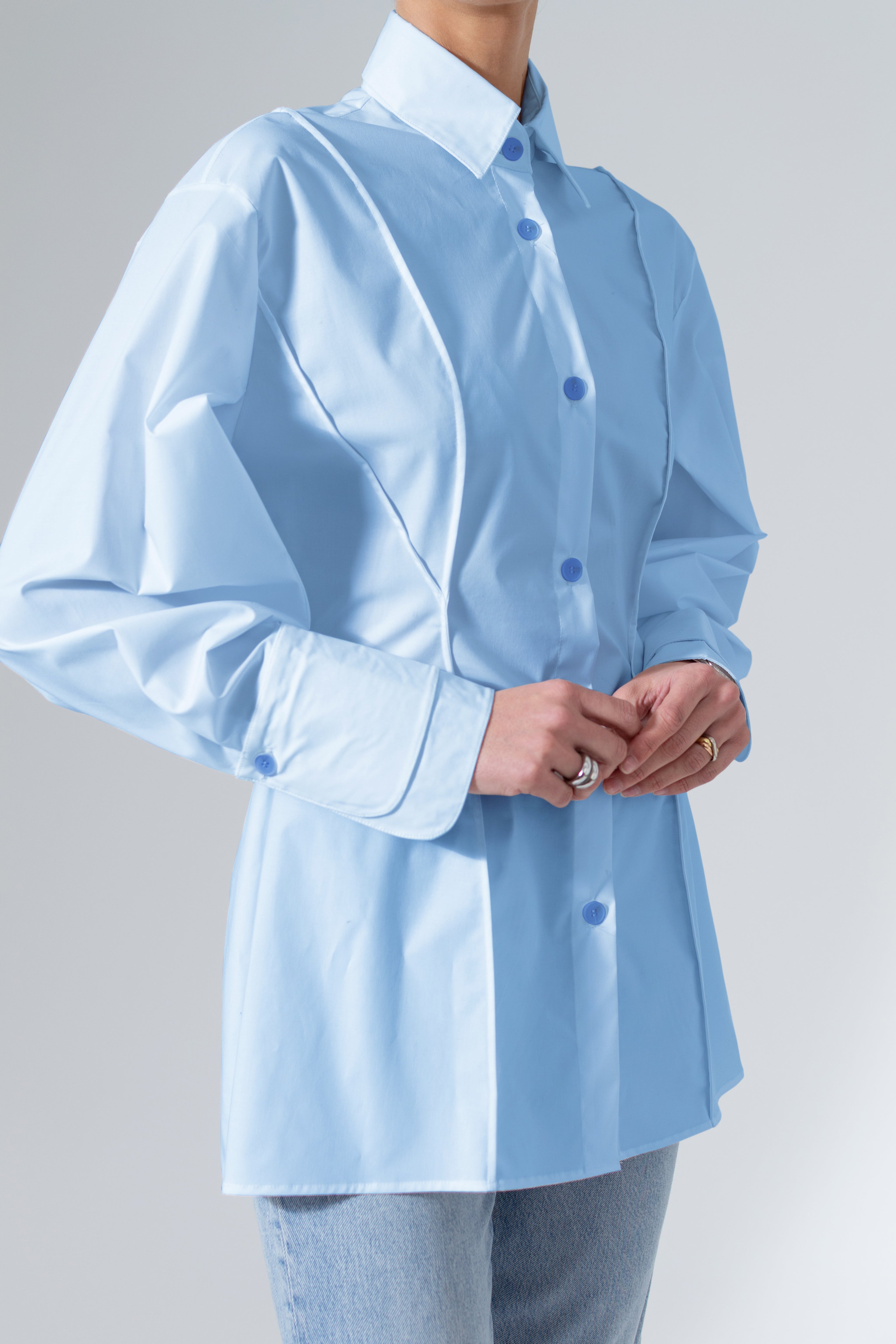 Baby Blue Cotton Button-Up Shirt Minimalist Smart Workwear - Custom Made - Bastet Noir