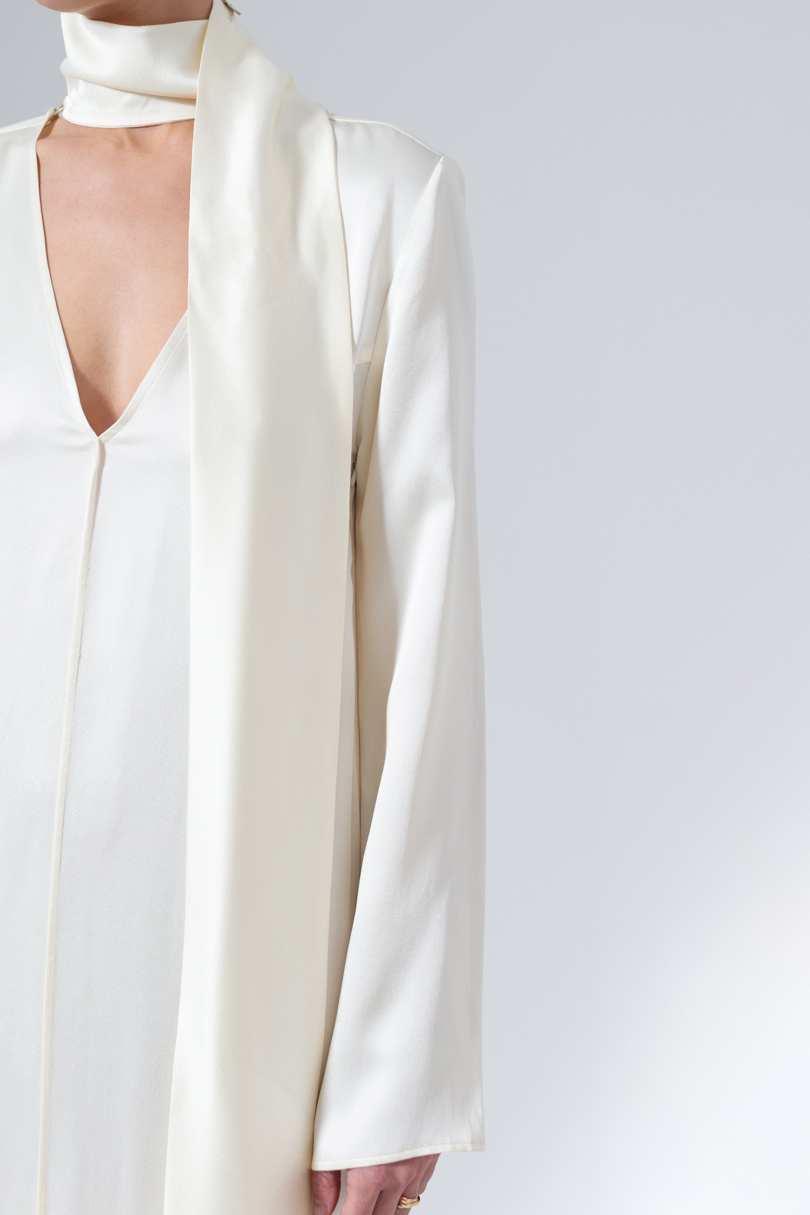 Cream Satin Silk Evening Long Sleeve Ankle-Length Dress - Custom Made - Bastet Noir