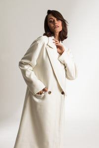 White Long Wool Double Breasted Car Coat - Custom Made - Bastet Noir