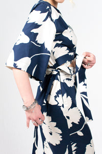 Blue and White Floral Print Cotton Kimono Sleeve Bareback Midi Dress - Custom Made - Bastet Noir
