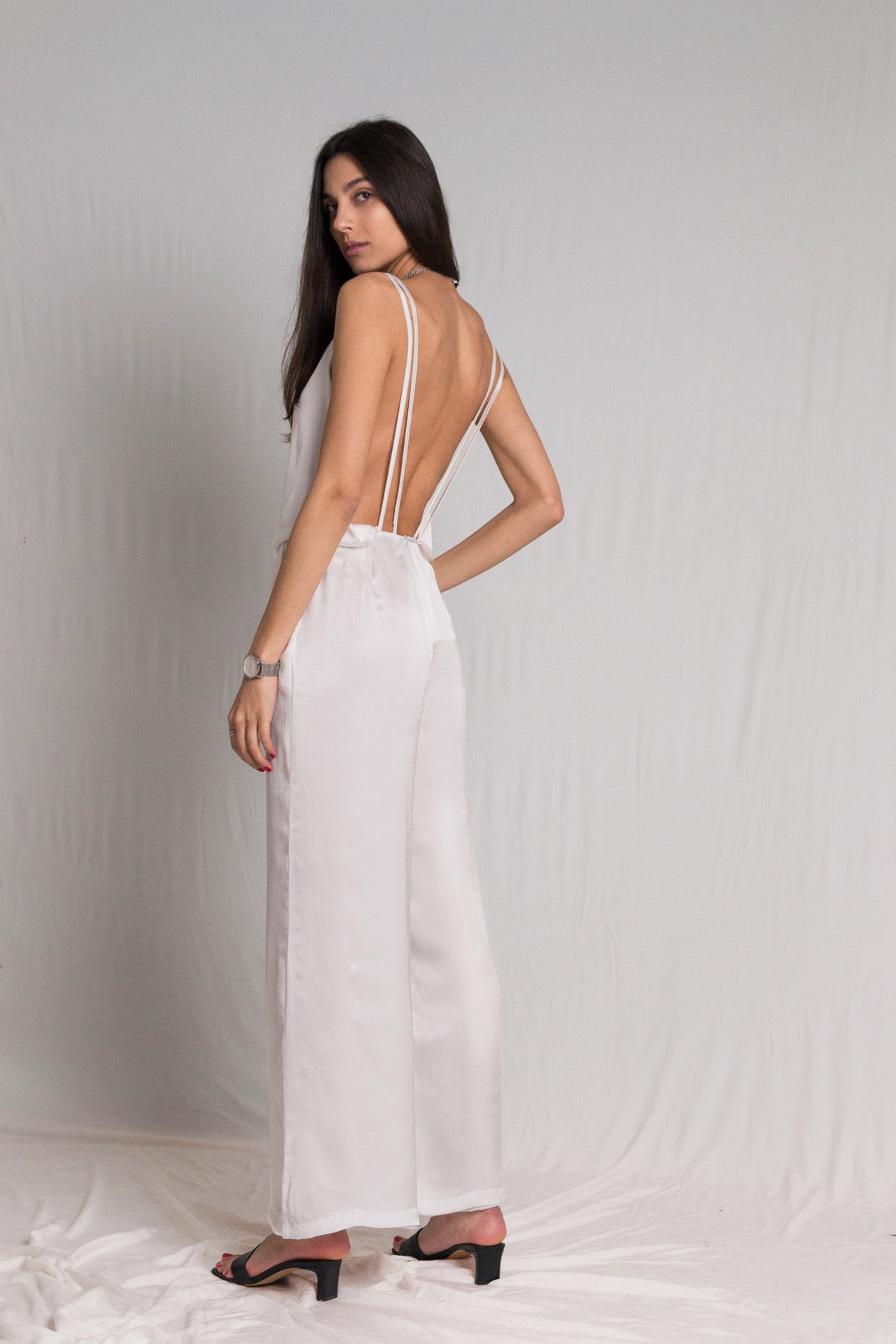White satin bareback jumpsuit - Custom Made - Bastet Noir