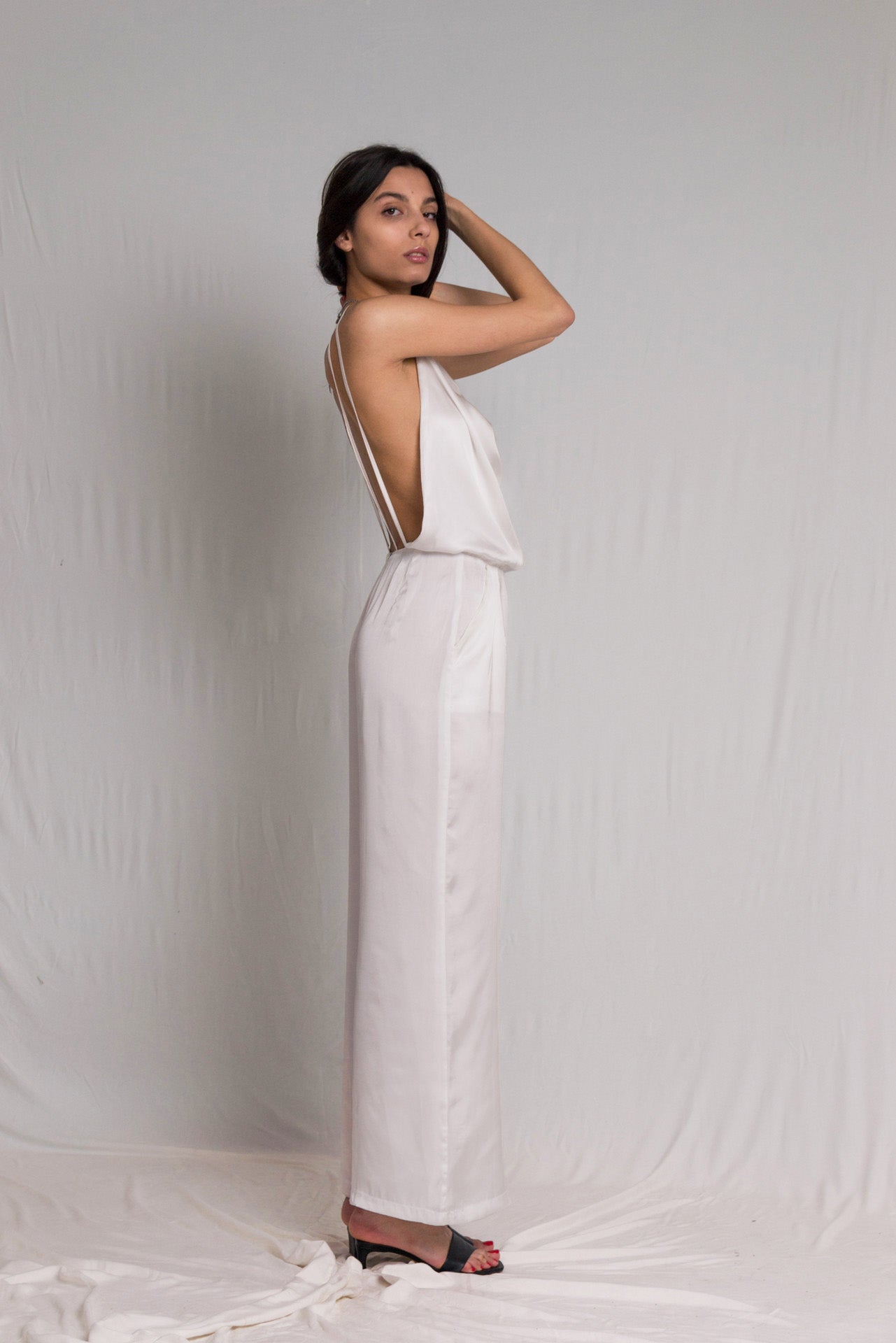 White satin bareback jumpsuit - Custom Made - Bastet Noir