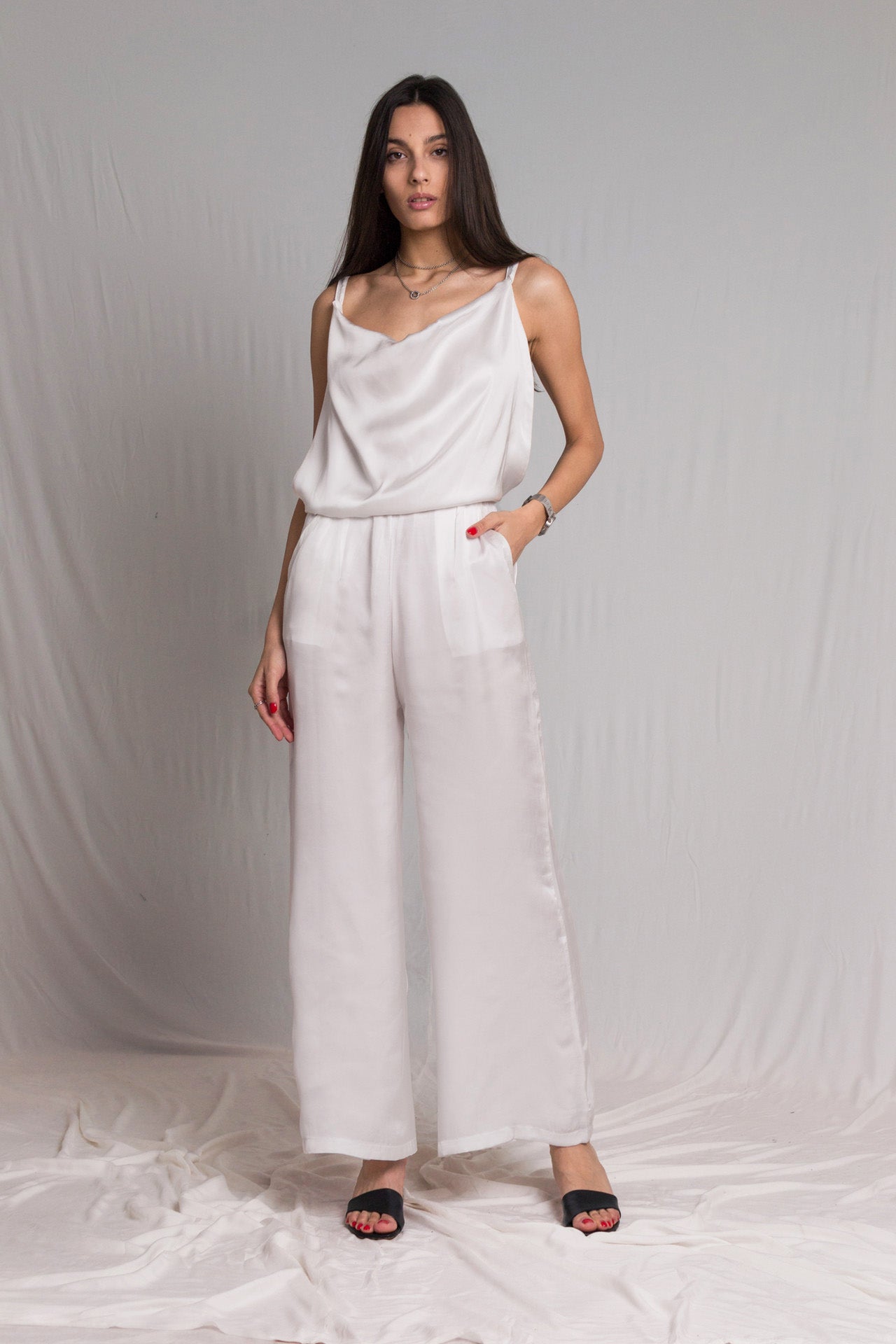 White satin bareback jumpsuit - Custom Made - Bastet Noir