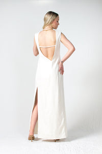 White Linen Sparkly Maxi Dress with Front and Back slit