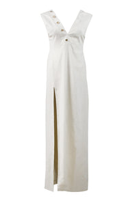 Cream white linen maxi dress with asymmetric open back and a high side slit