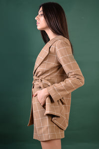 Caramel windowpane cashmere blazer with front pockets