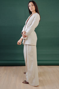 White asymmetrical cashmere single breasted blazer with waist belt loops