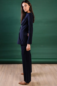Navy blue blazer with front pockets and zipper embellishments
