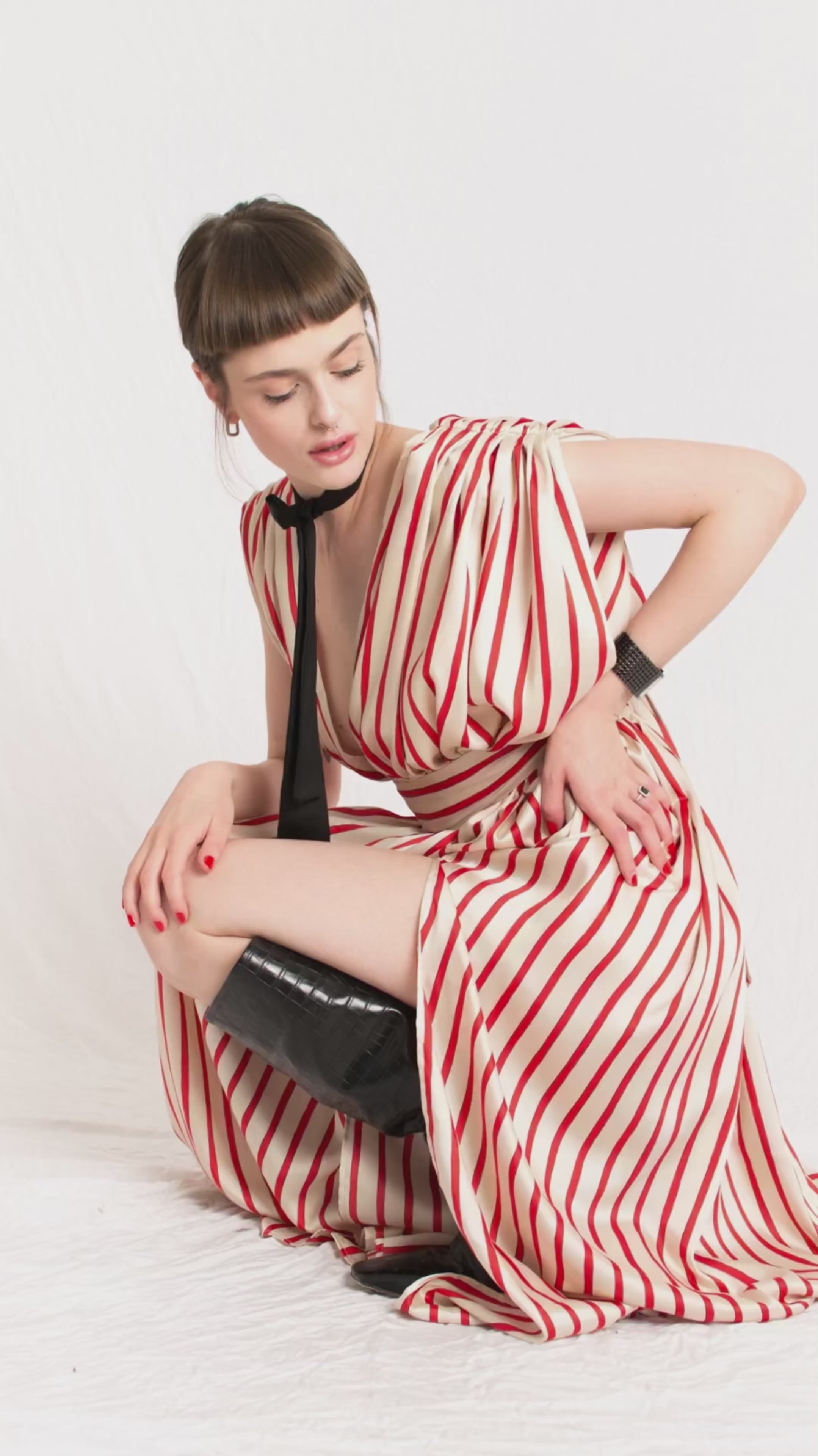 Red Striped Plunging Holiday Party Maxi Dress - Custom Made - Bastet Noir