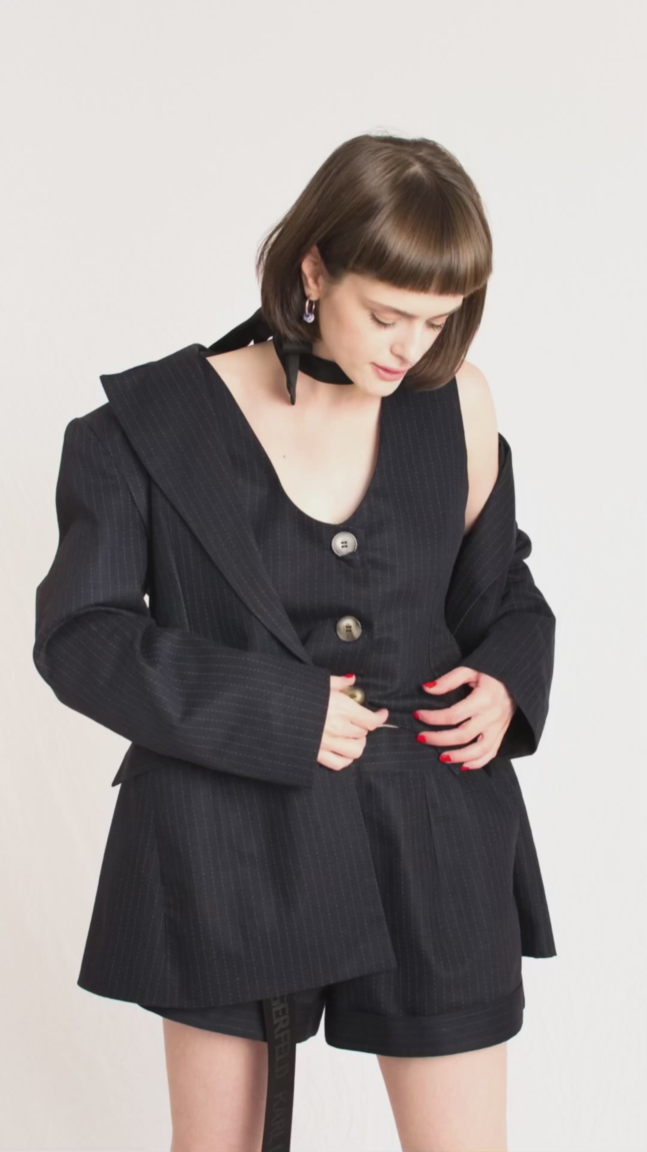 dark navy stripe workwear suit for women - Custom Made - Bastet Noir