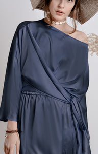Midnight blue wedding guest satin dress with long sleeves