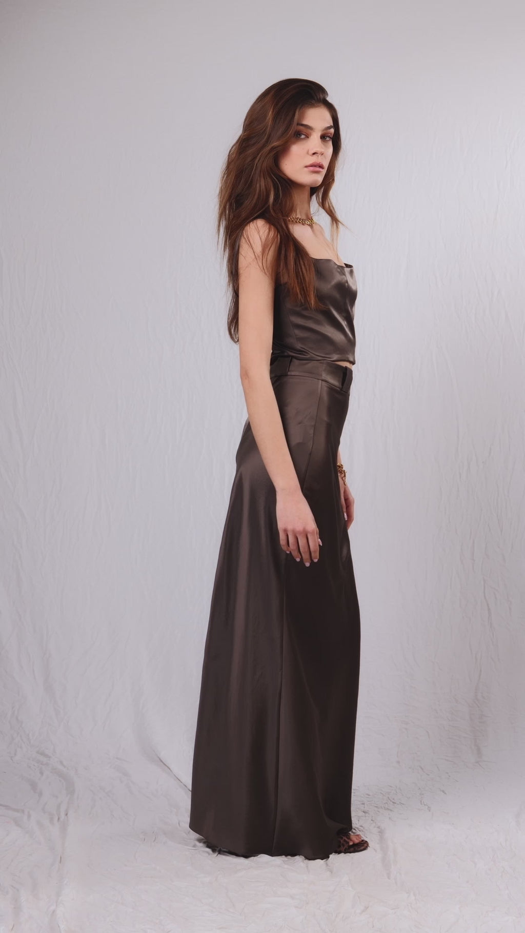 High Waist Satin Silk Wedding Guest Maxi Skirt and Strappy Cropped Top - Custom Made - Bastet Noir