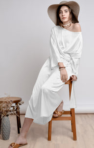 White wedding guest satin dress with long sleeves