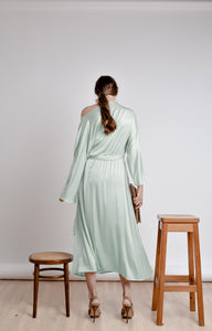 Mint green wedding guest satin dress with long sleeves