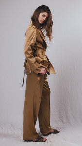 Gold silk satin high waist women pants - Custom Made - Bastet Noir