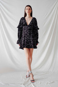 Made to measure black start printed mini dress with ruffles and long sleeves - Bastet Noir